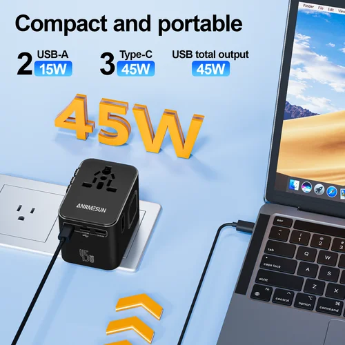Imagen 2 del producto Adaptador de viaje universal con 4 salidas de CA 2 puertos USB 3 tipo C PD 45W carga de energía rápida todo en uno en la internacional de enchufe UE EE. UU. AUS