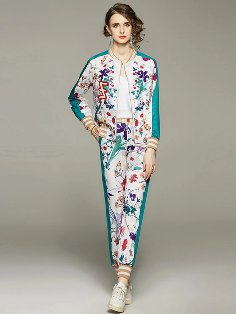 Designer Autumn Overlay Flower Print Pants Set Women Long Sleeve zipper Top＋ High Waist Long Pants Runway 2 Piece Set