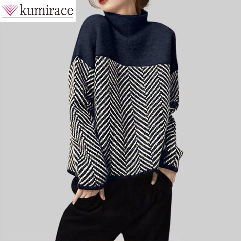 

Retro Color Blocked Semi High Neck Knitted Sweater for Autumn and Winter 2025, New Loose Design, Interior Pullover Sweater
