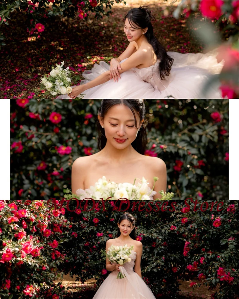 MODX プリンセスソフトチュール A ラインのウェディングドレス写真撮影ストラップレスフロアレングスブライダルドレスコルセットバック 웨딩드레스カスタマイズ