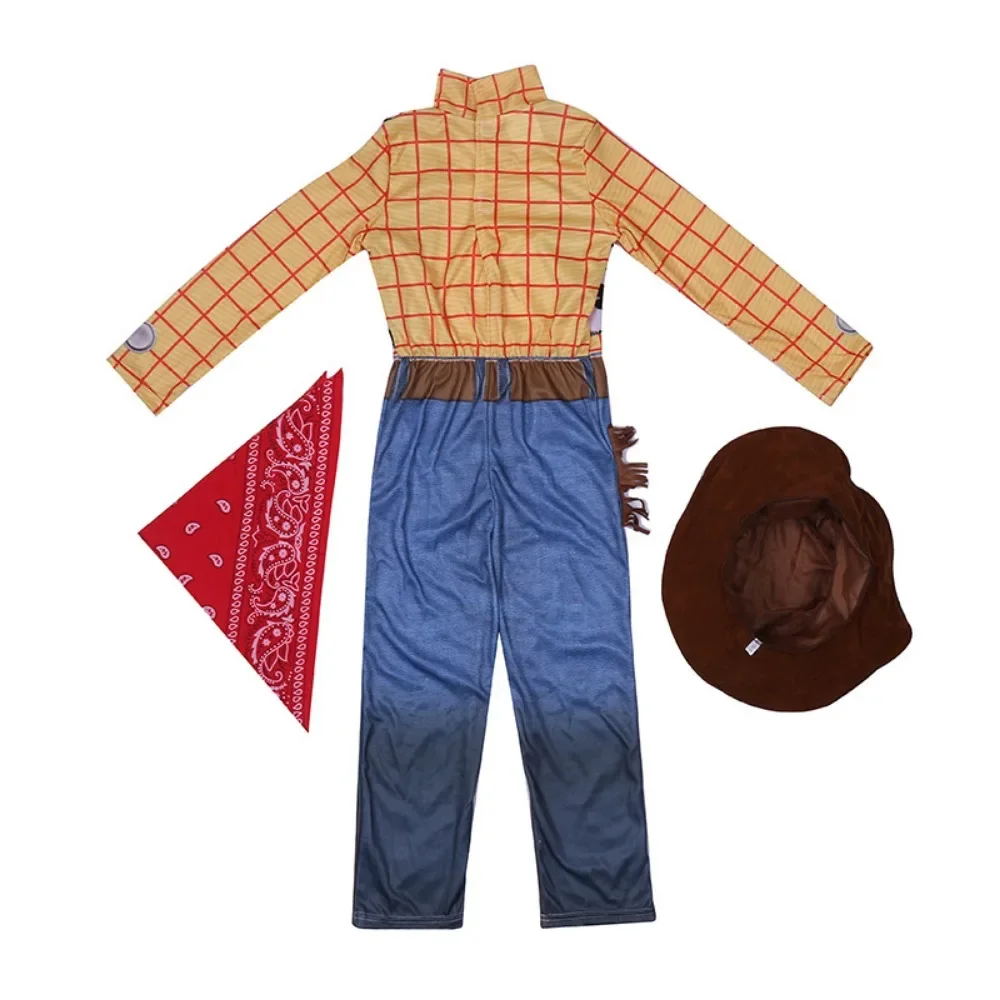 Toy Story Woody Children's Jumpsuit Cosplay Costume Cartoon Character Cowboy Kids Bodysuit with Hat Suit Christmas Carnival Gift