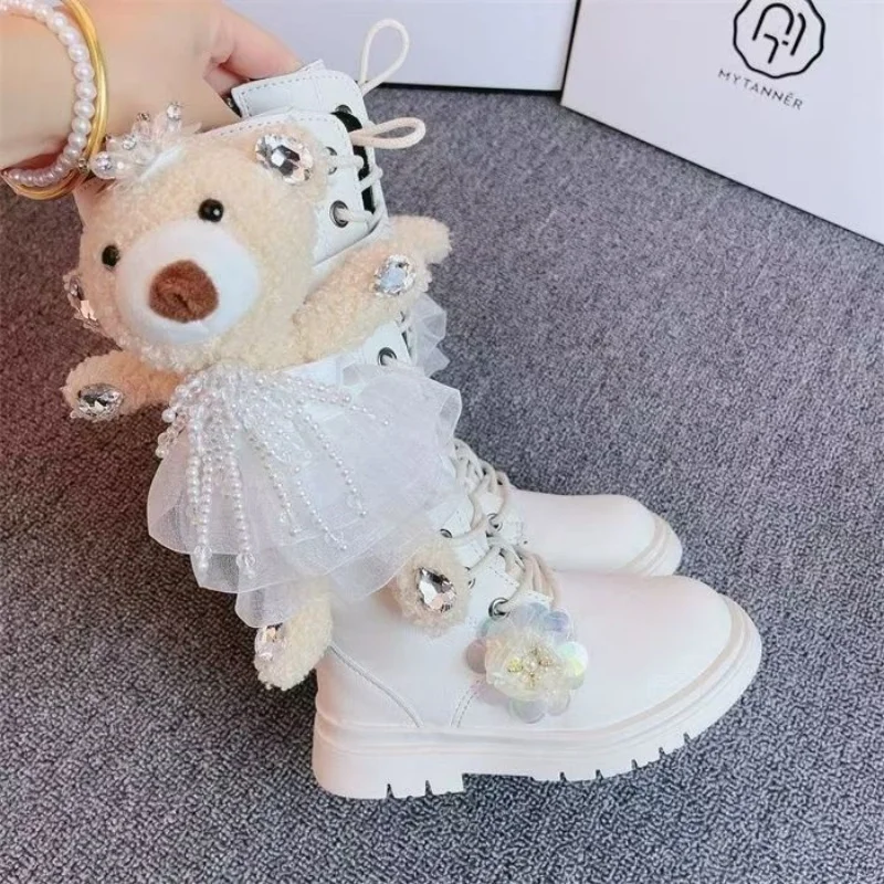 2024 Winter New Children\'s Tall Boots Spring and Autumn Girls\' Little Bear Pearl sequin Side Zipper Fashion Princess Boots