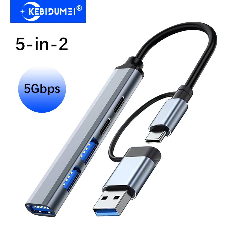 KEBIDUMEI 5-in-2 USB C Docking Station USB 3.0 HUB Type C to USB 3.0 5Gbps/DATA /PD 65W USB Splitter OTG Adapter For PC Laptop