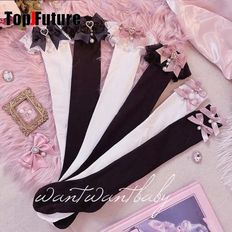 Millennium Y2K Girl Bow Stocking Short Socks Mid Socks for Women Spring and Summer Lolita Lace Ruffle Uniform Stockings Socks