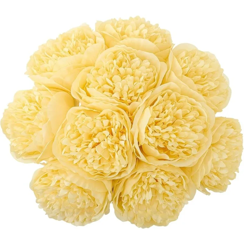 

10 Heads Artificial Peony Silk Flower Leaf Home Office Wedding Party Festival Bar Decor (Yellow)