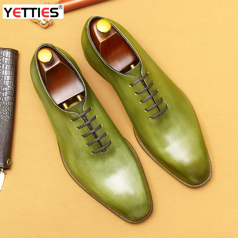 

YETTIES Men's Green Leather Shoes Niche Oxford Shoes Business Dress Lace-up Casual Men's Shoes Suit Shoes Fashion Derby Shoes