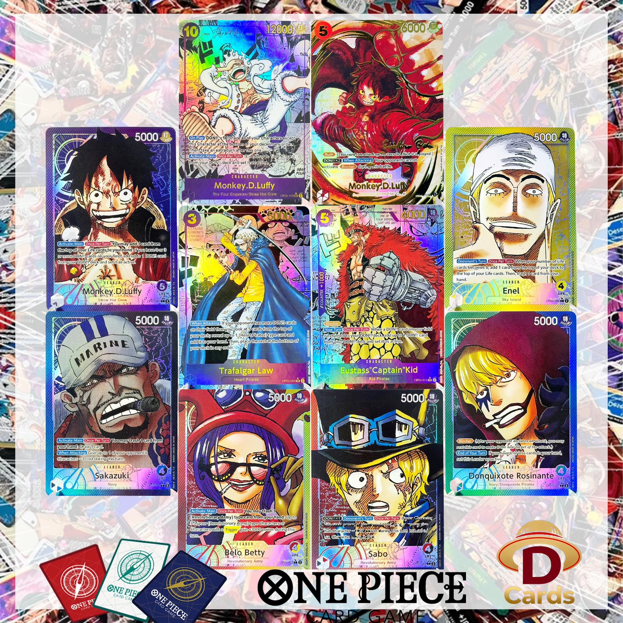 

Коллекционные текстурированные фольгированные прокси-карты One Piece OP05 Awakening of the New Era: Луффи, Трафальгар Лоу, Энел, Кид, Ямато