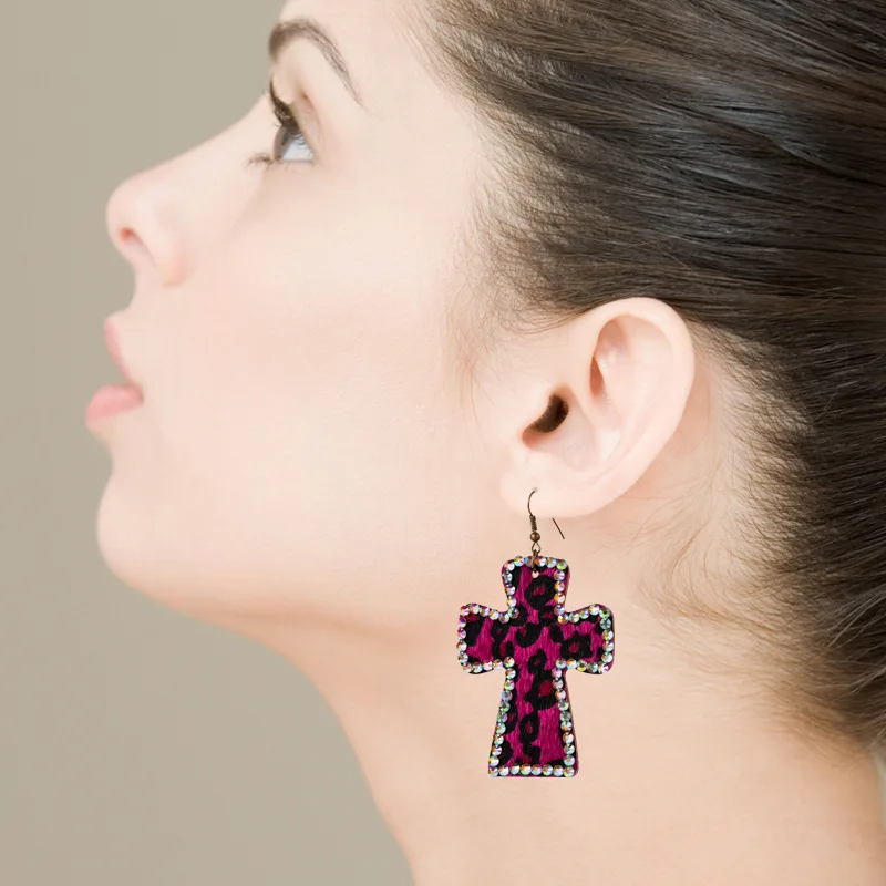 Exaggerated Cross Shaped Double-sided Printed Leopard Print Earrings Genuine Leather Vintage Ins Earrings Leopard Print Earrings