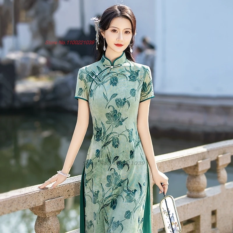 2025 vietnam traditional aodai dress chinese improved a-line qipao national flower print cheongsam banquet evening qipao dress