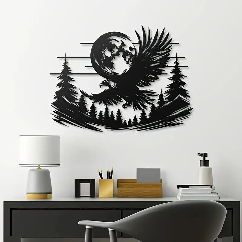CIFBUY Metal Wall Art Forged Iron Eagle and Moon Ornament Forest Night Interior Decoration For Home Hanging Decor Display