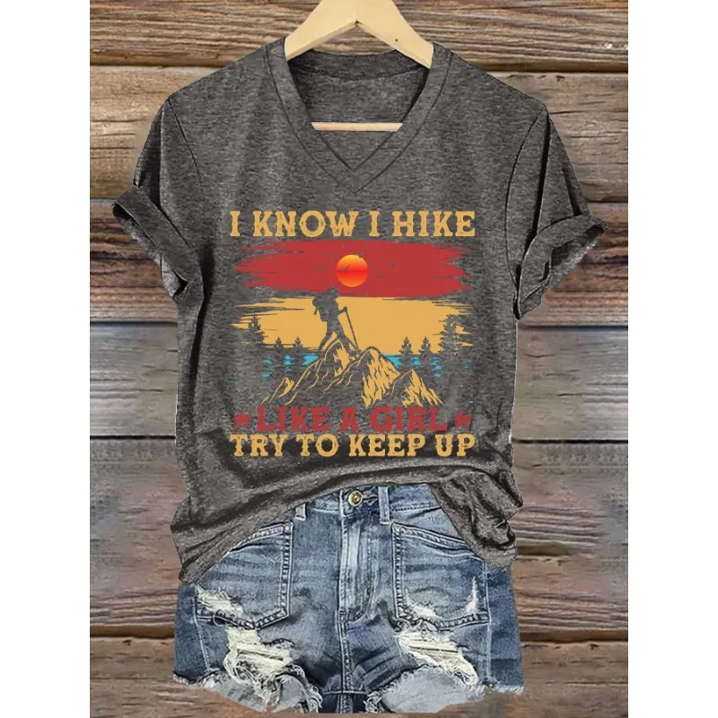 ilstile Damen-T-Shirts mit Aufdruck „I Know I Hike“, Sommer-Kurzarm-T-Shirts mit lässigem V-Ausschnitt, Weiß, Schwarz, Blau, Neu eingetroffen