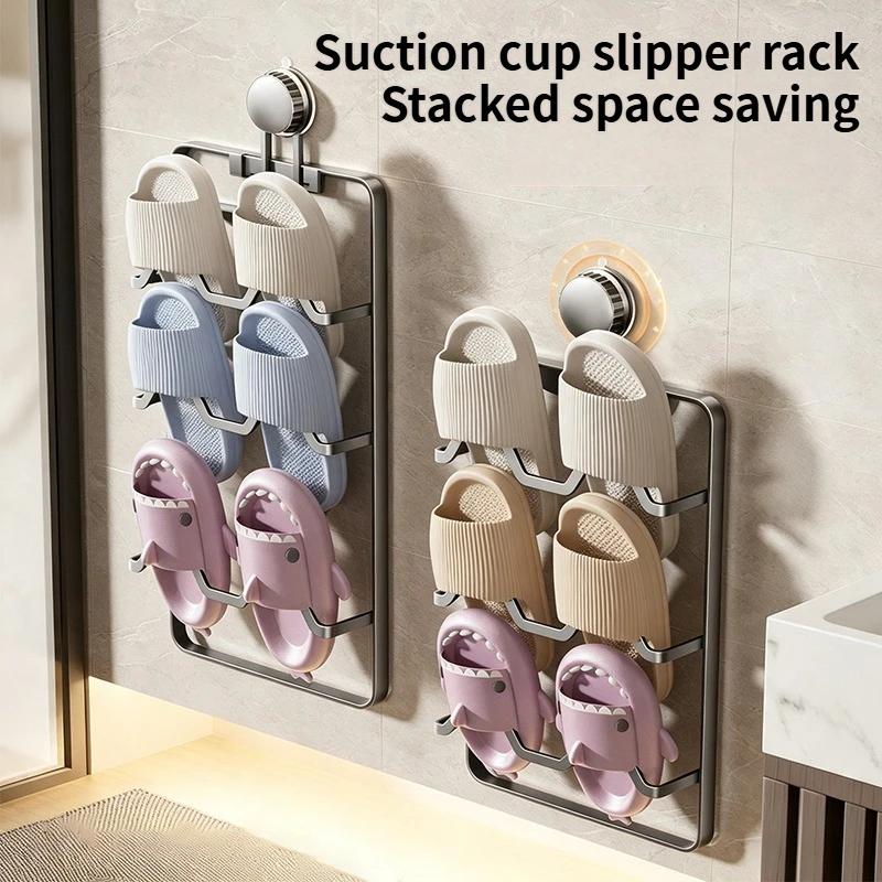 Punch‑Free Suction Cup Slipper Rack Carbon Steel Wall Mount Slipper Organizer 2/3/4 Tier Space Saving Bathroom Behind Door Shoe