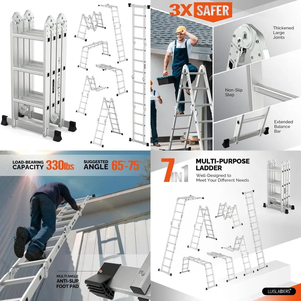 سلم تمديد ألومنيوم عالي التحمل 7 في 1 - متعدد الأغراض، مجموعة الخطوات، طول 12.5 قدمًا، معتمد من EN 131 #1