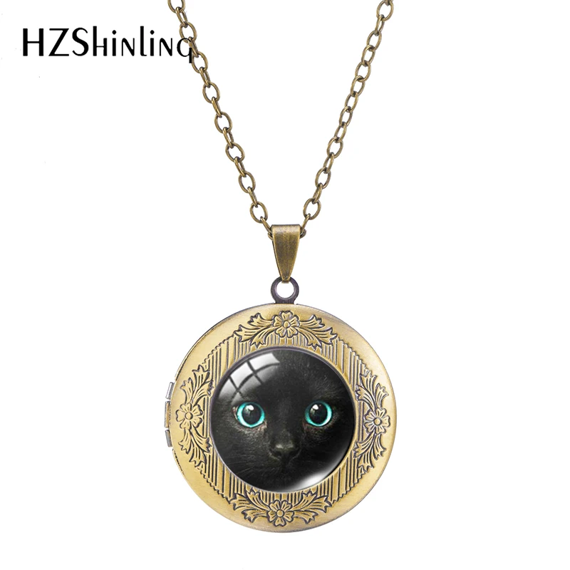 New Fashion Black Cat Glow Color Eyes Jewelry Necklace Black Cats Pendant Photos Lockets Necklace Handcraft Gifts