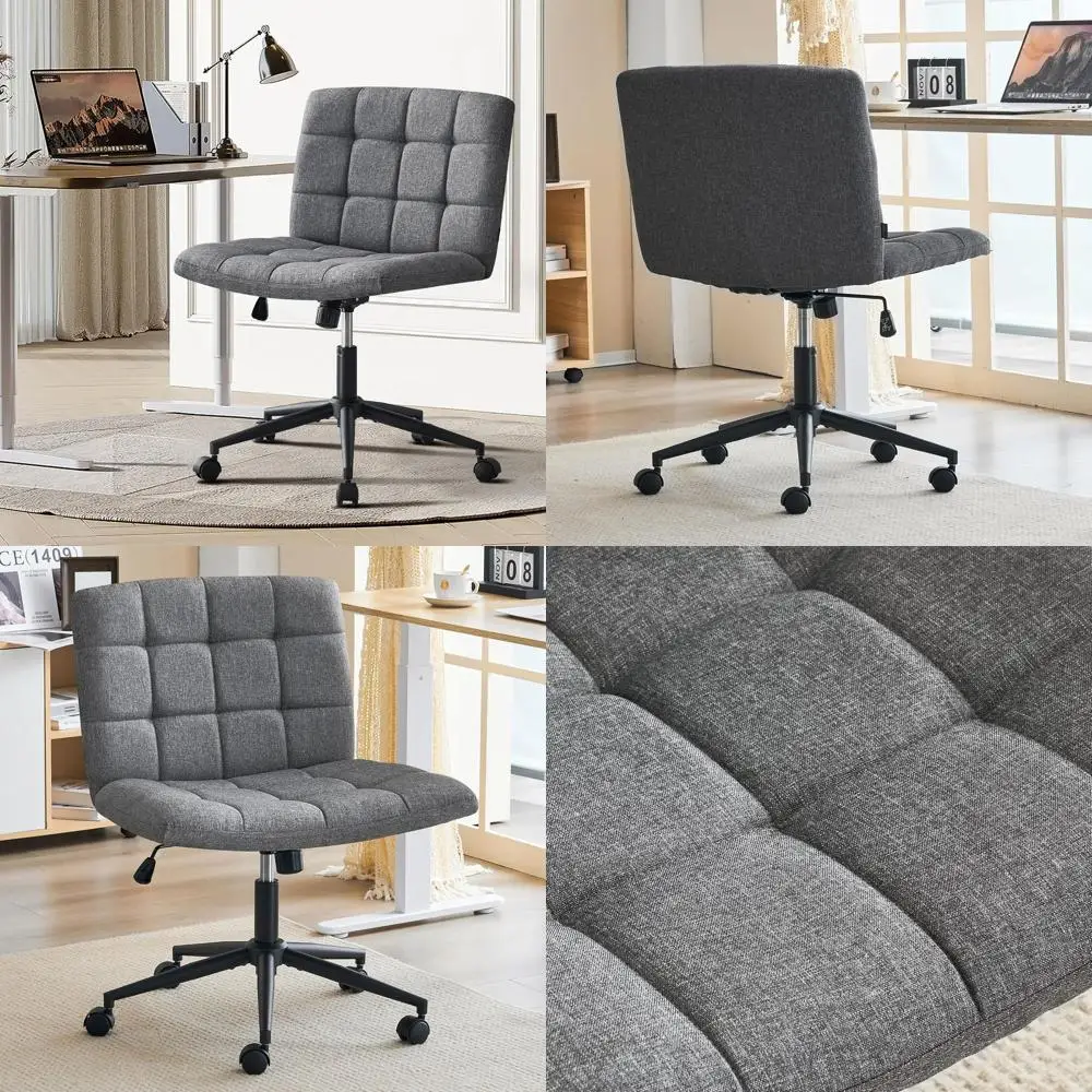 

360° Swivel Cross-Legged Desk Chair with Thick Cushion, Linen Gray, Comfortable Armless Office Chair for Home and Vanity Use