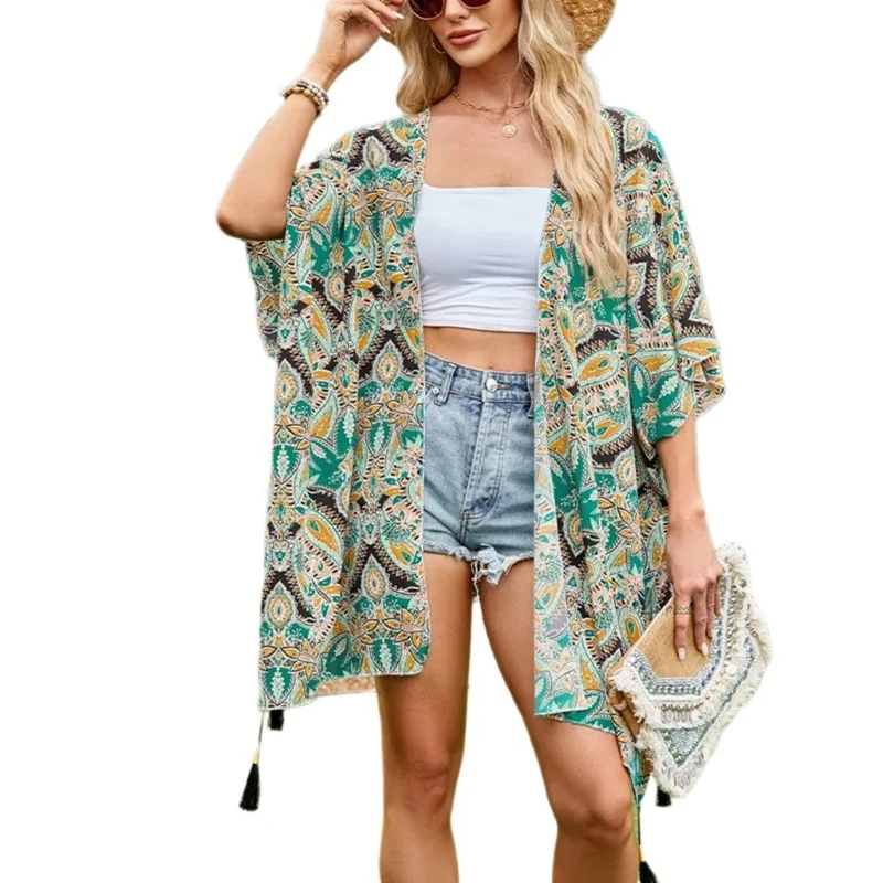 Elegant Geometric Pattern Shawl with Fringes Outdoor Thin Poncho Vacation Capes