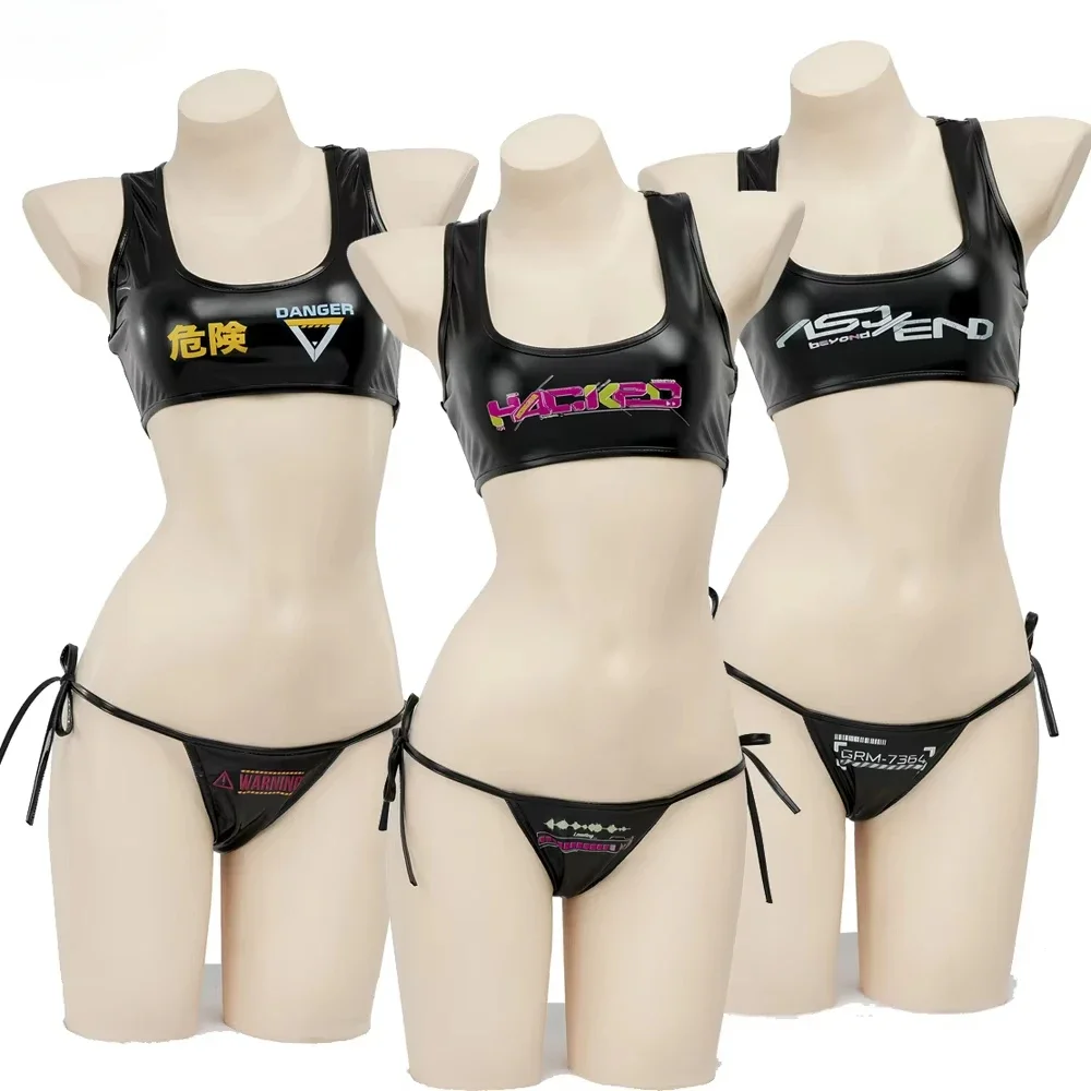 Strand Elektrische Musik Festival Mädchen Bikini Set Frauen Anime Spiel Punk Cyber Leder Uniform Set Kostüm Cosplay Unterwäsche Dessous