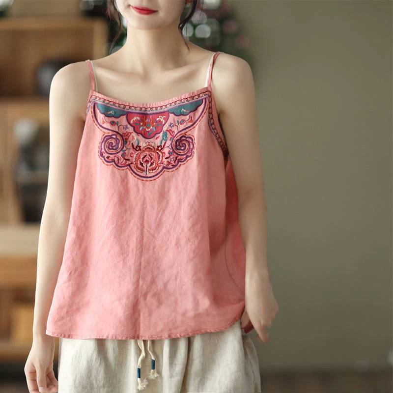 Vintage Woman Tank Tops Summer Solid Cotton Linen Embroidery Spaghetti Strap Camis Loose Casual Blusas Tunic Tops Tee