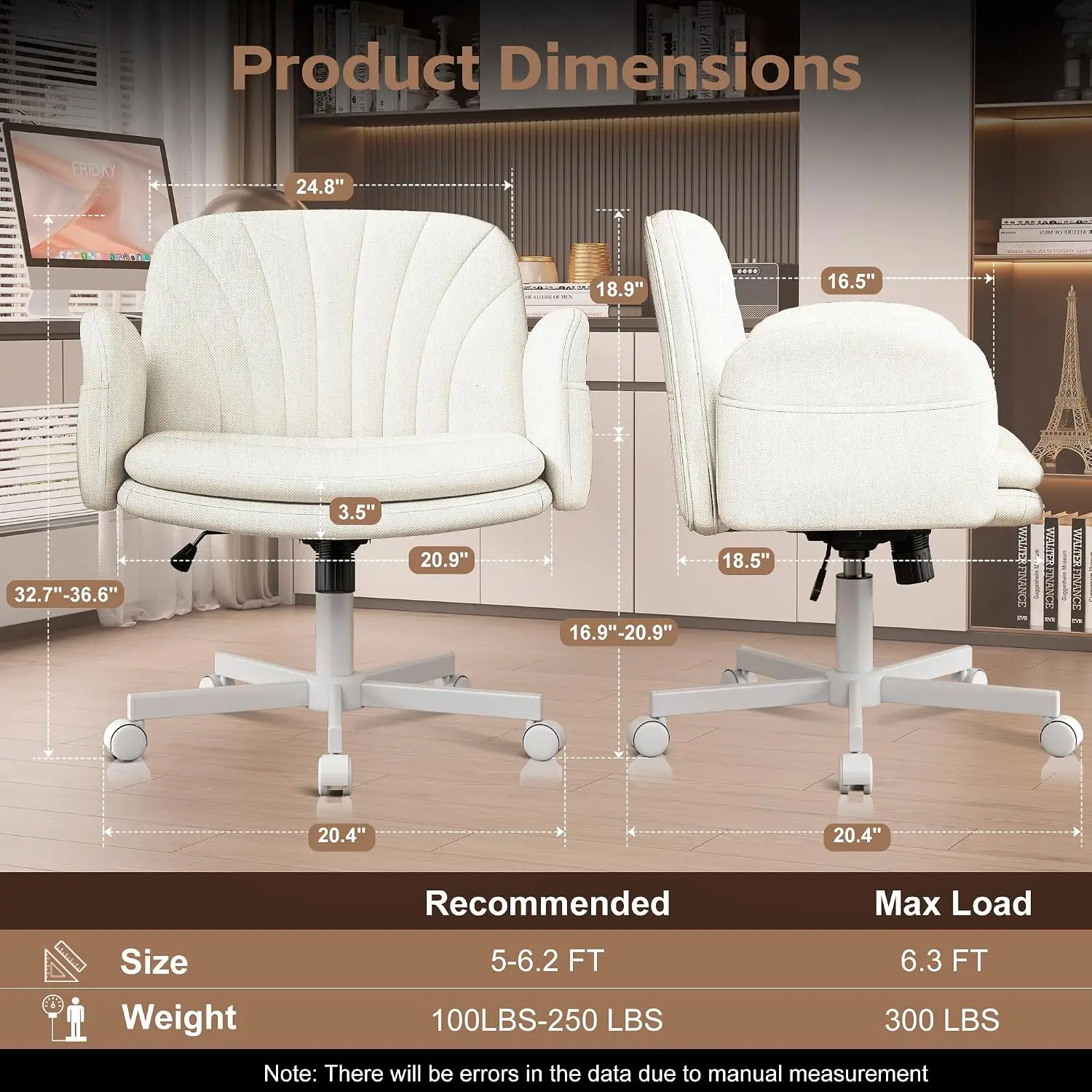 Criss Cross Office Chair With Wheels And Armrests, Height Adjustable Vanity Desk Seat With Side Pockets, Ergonomic Swivel Computer Task Chair For Home Bedroom Study Room, Modern Linen, White, Single Piece