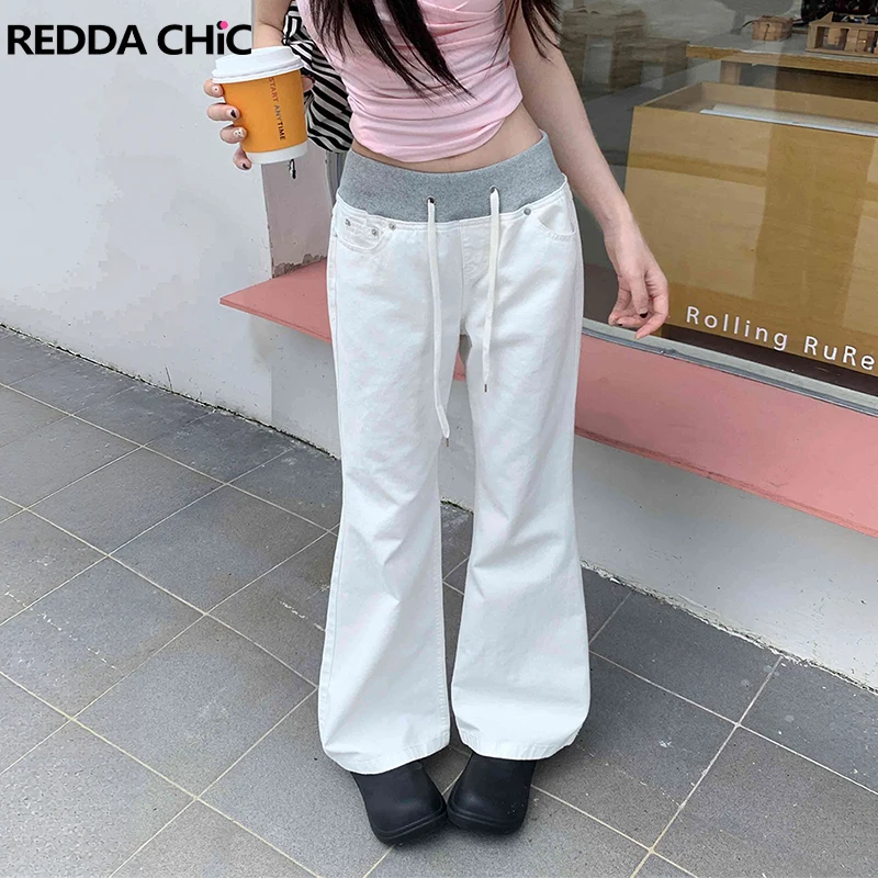ReddaChic Women Contrast Patchwork Flared Jeans Korea Retro White Low Waist Drawstring Baggy Denim Pants Trendy Y2K Streetwear