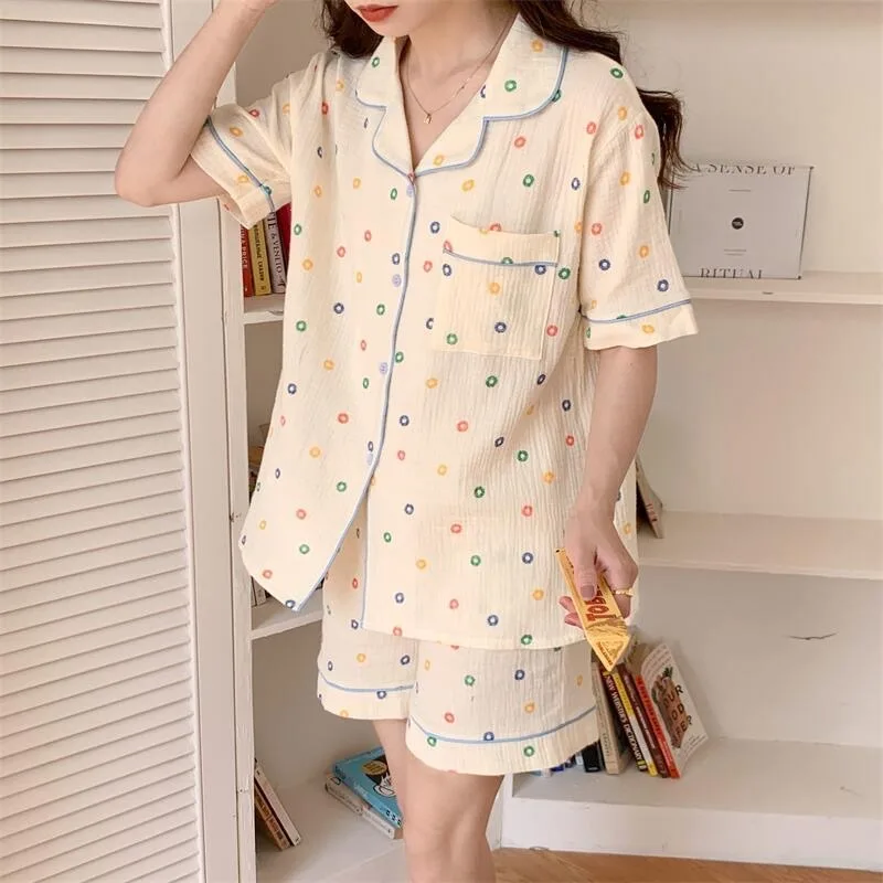 2024 New Summer Women Pajama Sets Korean Style Girls Short Sleeve Sleepwear Orange Print Pijamas Student Cute 2 Pieces Home Suit