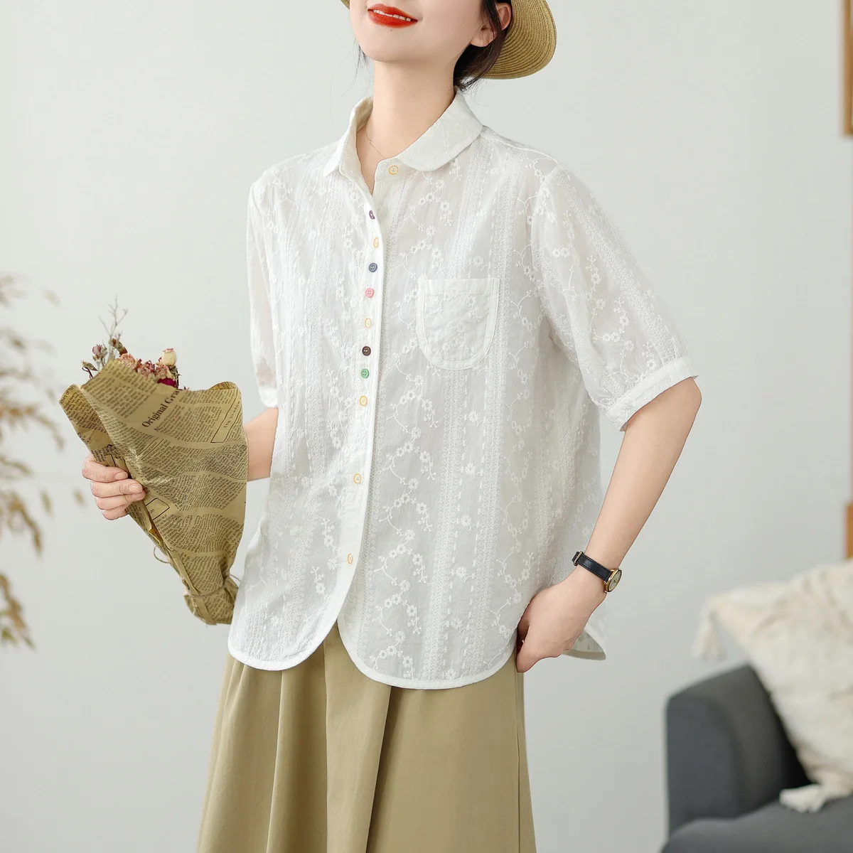 

New 2025 Summer Cotton Short Sleeve Shirt, Women Turn-down Collar Embroidery, Mori Girl Colorful Buttons Loose Blouse T55920CC