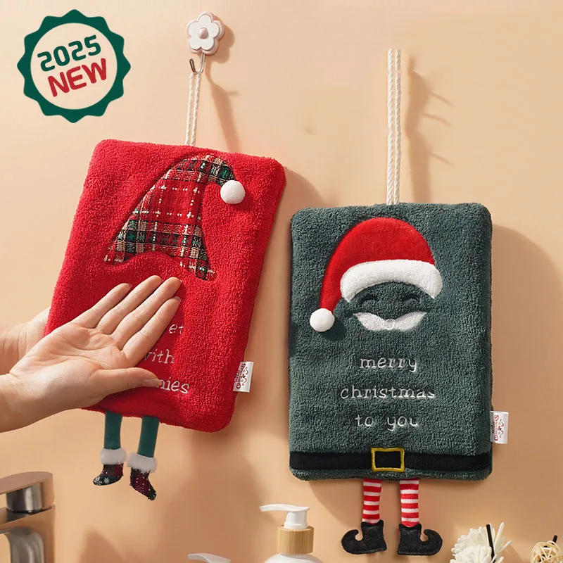 

New Christmas Thickened Coral Fleece Hand Towel Kitchen Water Absorbent Quick Drying Cartoon Hand Towel Hanging Style Square Tow