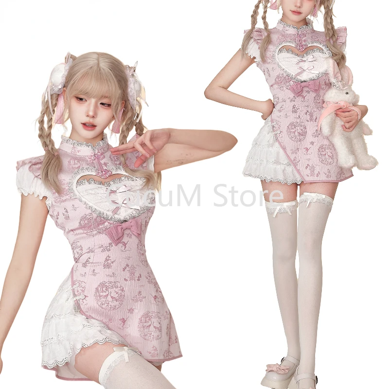 2024 New Japanese Style Kawaii Lolita Dress Women Elegant Cute Print Lace Dresses Female Sweet Y2k Mini Dress Spicy Girls