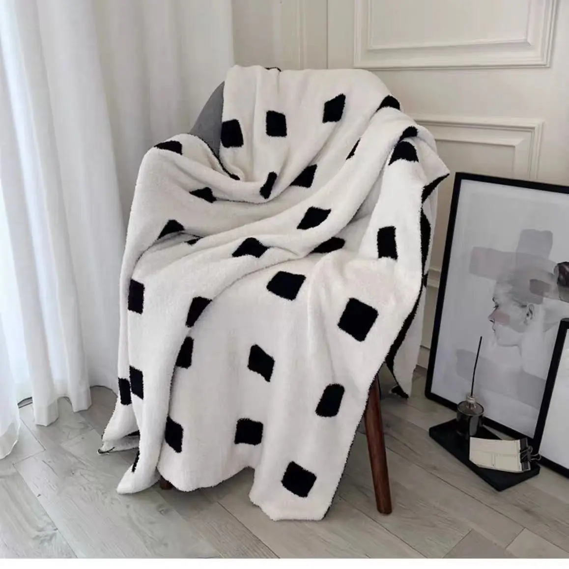 Soft Plush Black White Geometric Square Throw Blanket Pillow Cover Tissue Box Set For Sofa Couch Bed Living Room Home Decor Cozy