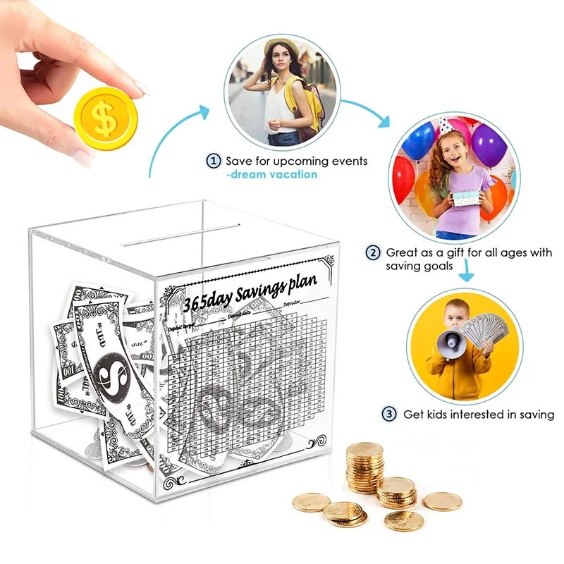 โปร่งใส Piggy Bank อะคริลิค Piggy Banks สําหรับผู้ใหญ่ Cube เก็บเหรียญกล่องเก็บเงิน Jar เด็กของขวัญประหยัดเงินเป้าหมาย