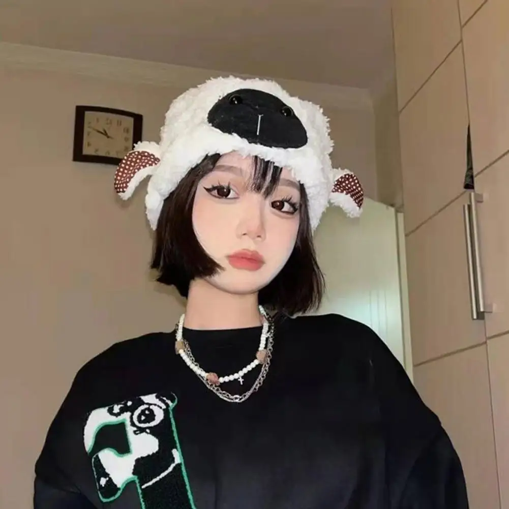 Cartoon Lamb Hat Cozy Cartoon Lamb Head Winter Hat with Thick Fleece Ear for Women Dome Heat Retention for Outdoor