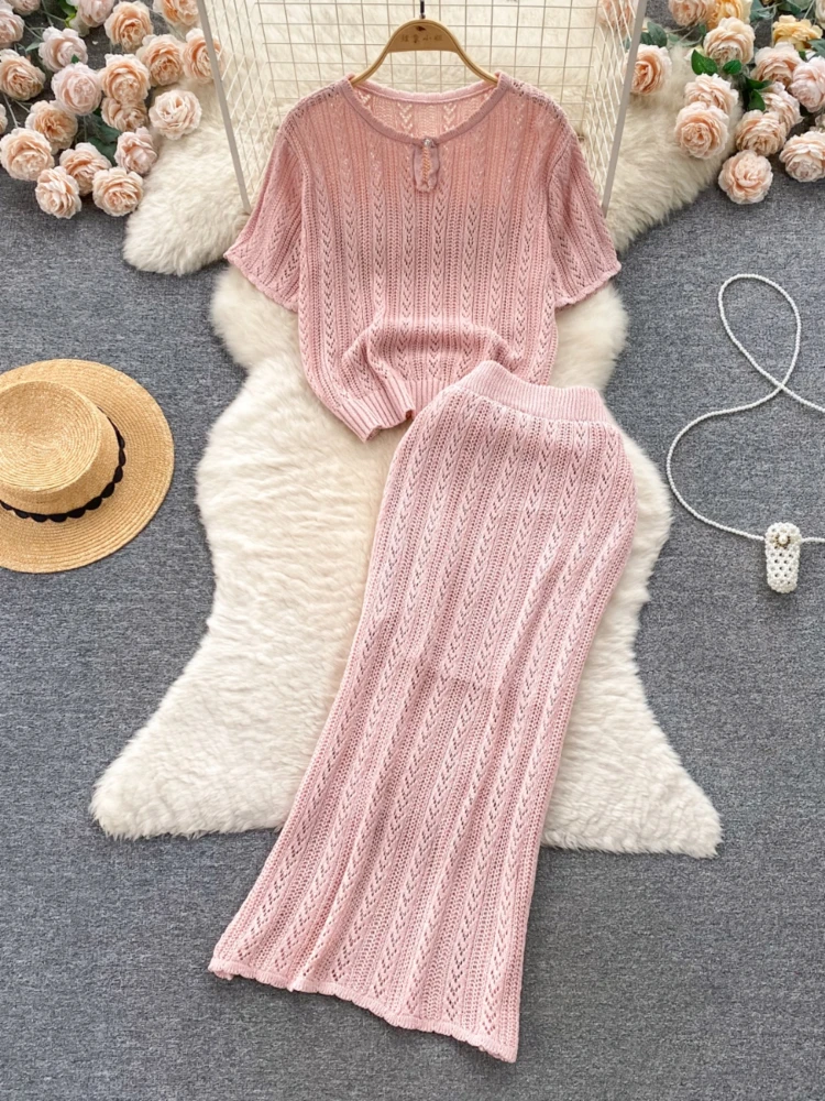 2024 New Korean Sweet Two Piece Set Women Short Sleeve Knitted Top Half Skirt Knitted Suits Summer Casual Elegant Outfits