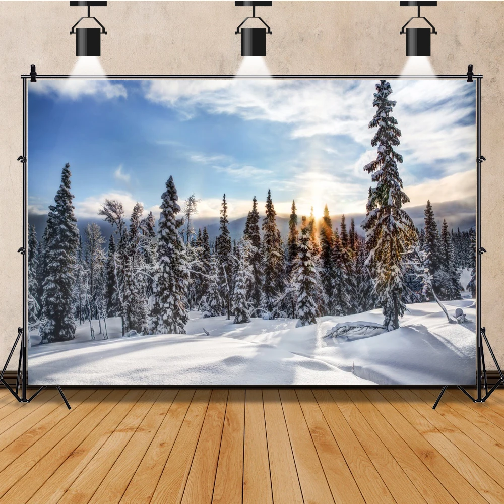 Laeacco Dreamy Winter Sunset Glow Snow Pine Trees Forest Backdrop Family Party Photography Backdrops Photo Studio