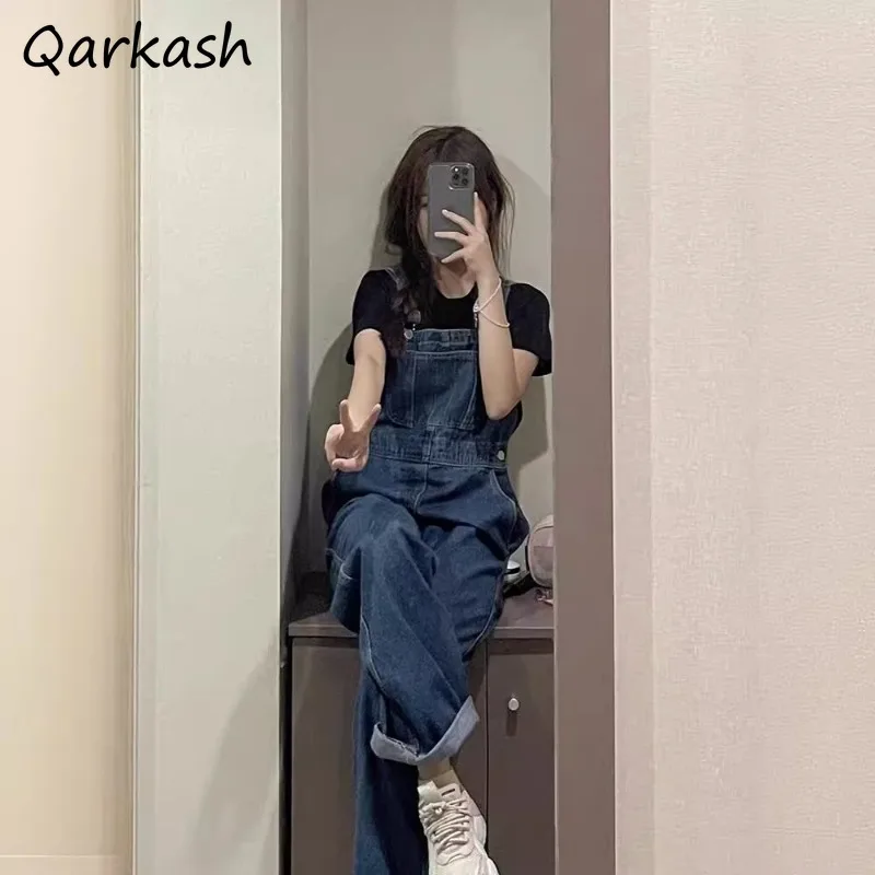 Jumpsuits Women Denim Patchwork Office Lady Summer Vintage High Waist Stright Korean Style Chic Loose Age-reduced Lovely Girls