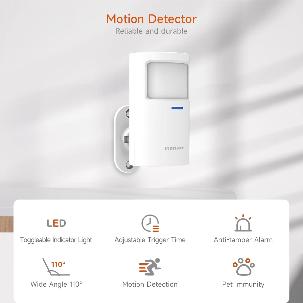 Staniot Motion Sensor Smart Home PIR Motion Detector Security Protection Toggleable Indicator Light Works with Alarm System