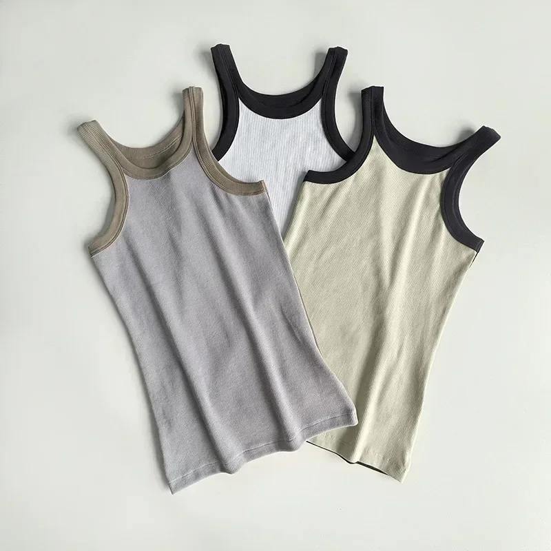 New Organic Cotton Threaded Rib Tank Clashing Color Work Vest Stretch Slim Sports Tank Top