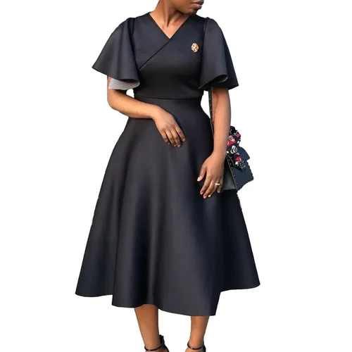 Imagen 2 del producto Moda de verano para mujer africana con cuello en V, poliéster, Manga corta acampanada, rojo, Negro, Rosa, vestido hasta la rodilla, vestidos africanos para mujer