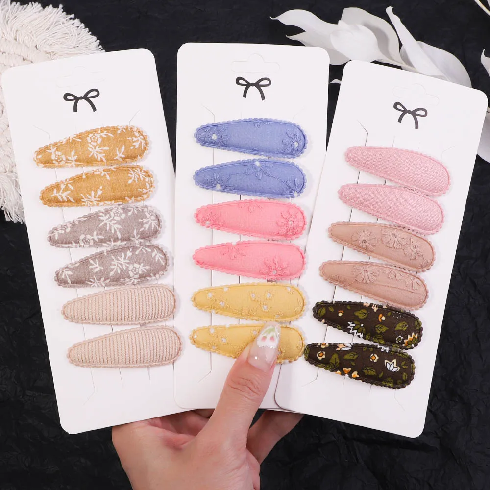 

6Pcs/Set Fashion Girls Hair Accessories Sweet Embroidered Print Clips for Kids Waterdrop Shape Hairpins BB Barrettes Headwear