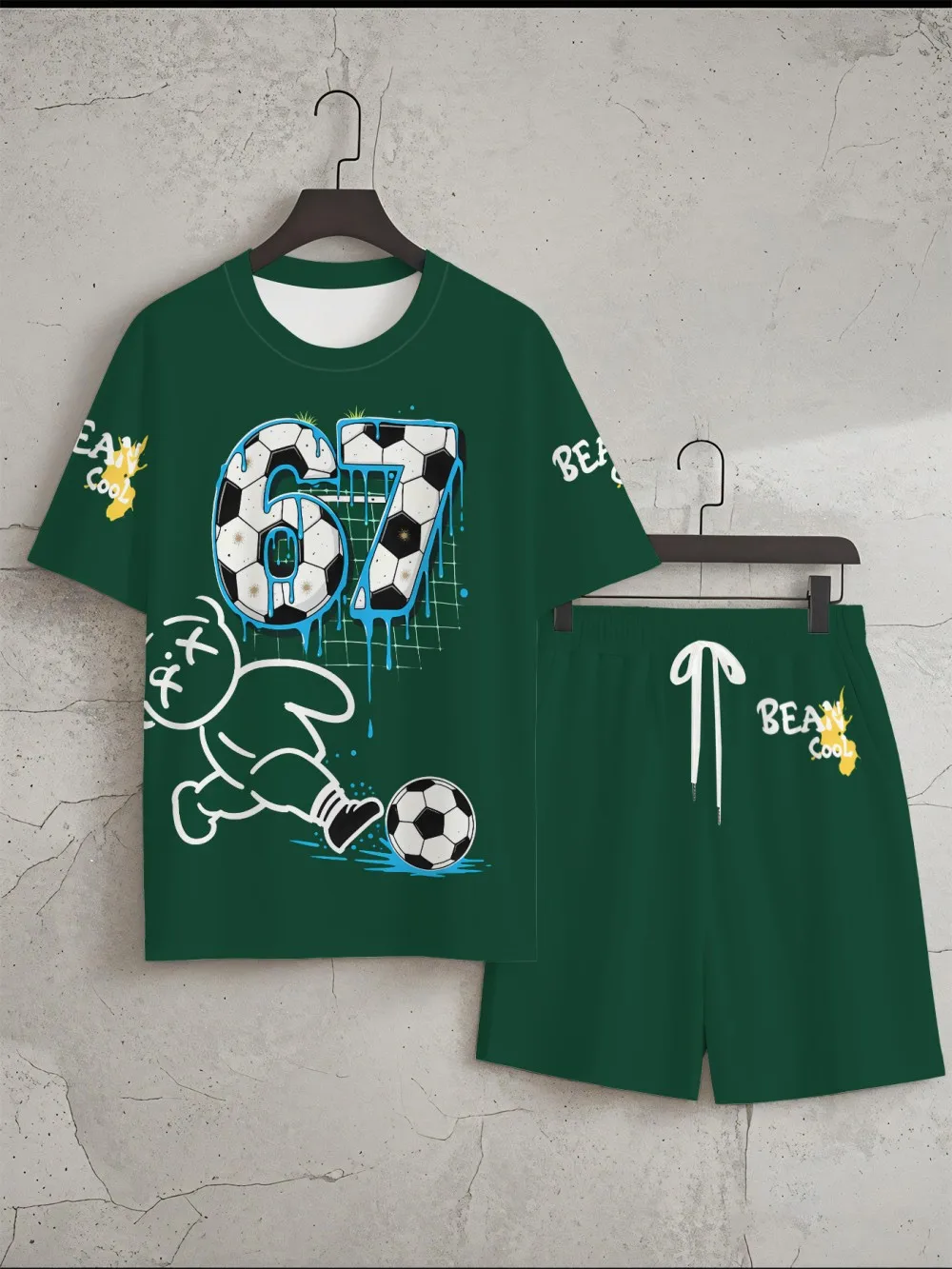 Men's summer teddy bear letter print comfortable breathable round neck T-shirt drawstring shorts set outdoor casual wear view 5