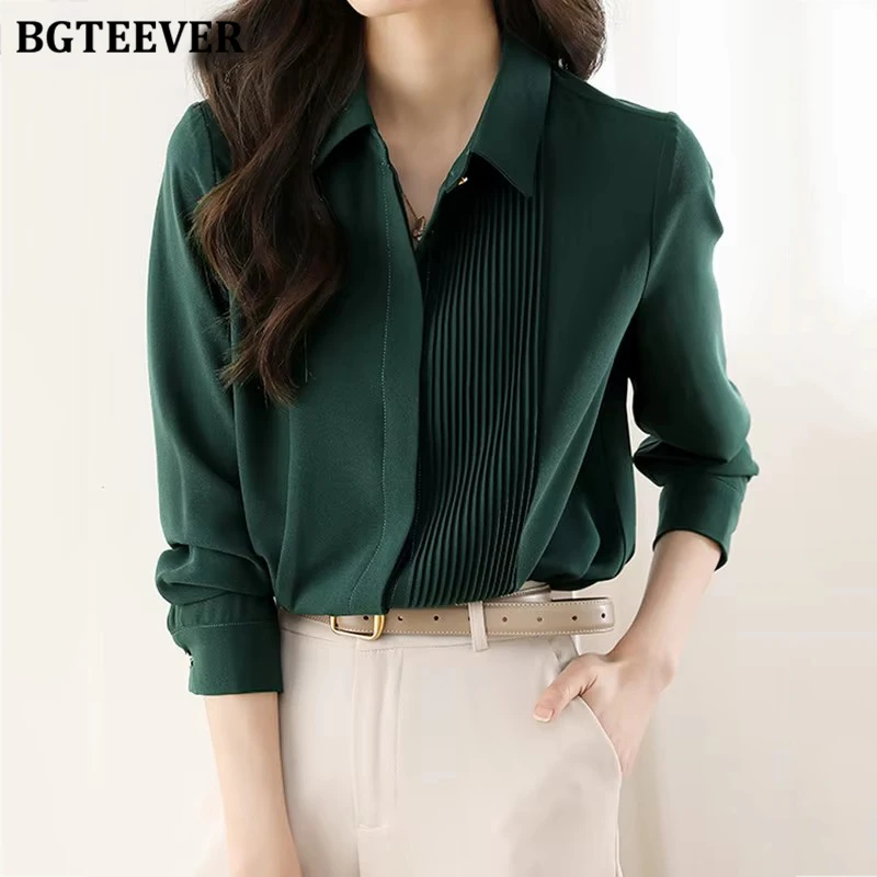 

BGTEEVER Elegant Lapel Single-breasted Solid Shirts Women Long Sleeve Loose Pleated Female Blouses Spring Ladies Tops