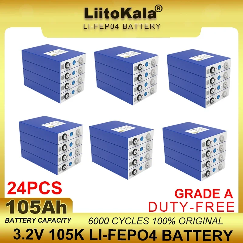 

24pcs LiitoKala 3.2V 105Ah LiFePO4 battery Lithium iron phospha for 12V 24V Electric Car travel Solar Batteries Grade A TAX FREE