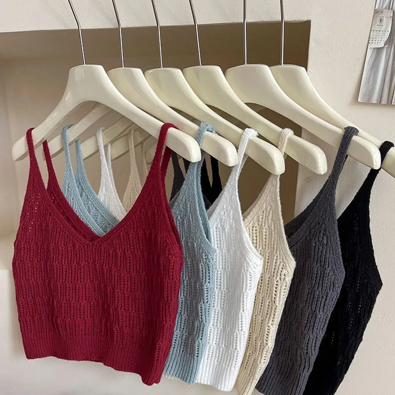 Boring Honey Summer New Women Sweet Preppy Style Crop Top High Street Hollow Out Camis All-Match Knitting Thin Soild Tops Women