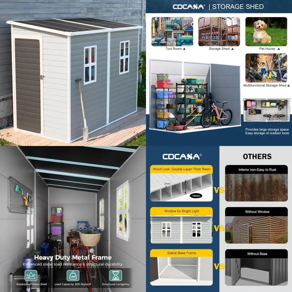 

Resin Outdoor Storage Shed Waterproof 4x8 with Floor, Lockable Door, 2 Windows, Vent, Plastic Tool Shed