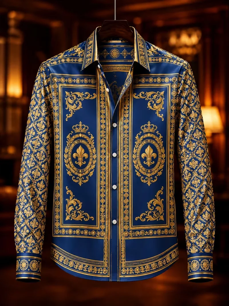 New men's gold fluid marble texture printed long sleeved shirt with satin drape and a fitted collar for men's top