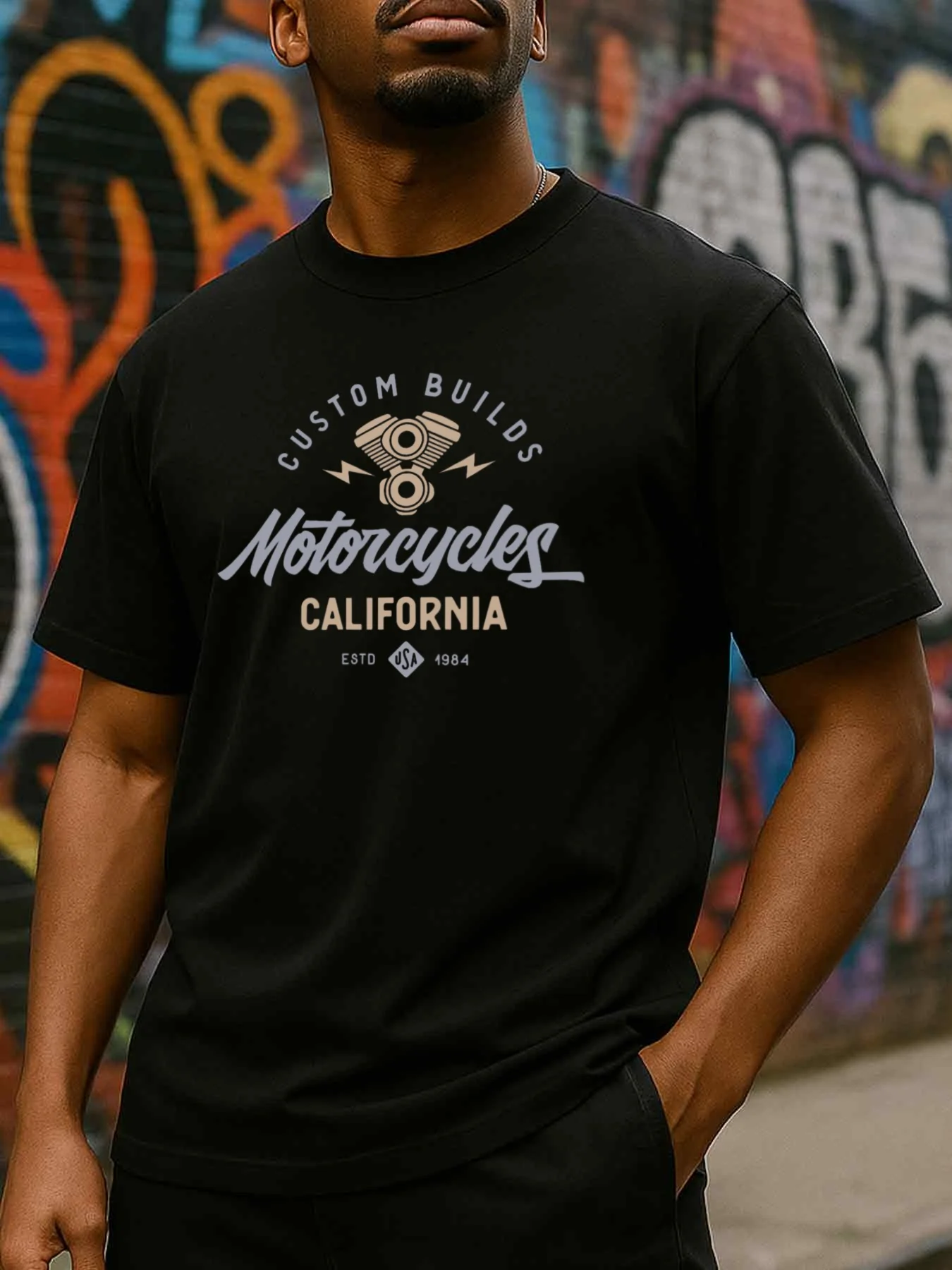 Vintage Men's Black Graphic T-Shirt Motorcycle Engine Custom Builds California 1984 Bold Letter Print 100% Cotton Heavyweight Short Sleeve Casual Streetwear Tee