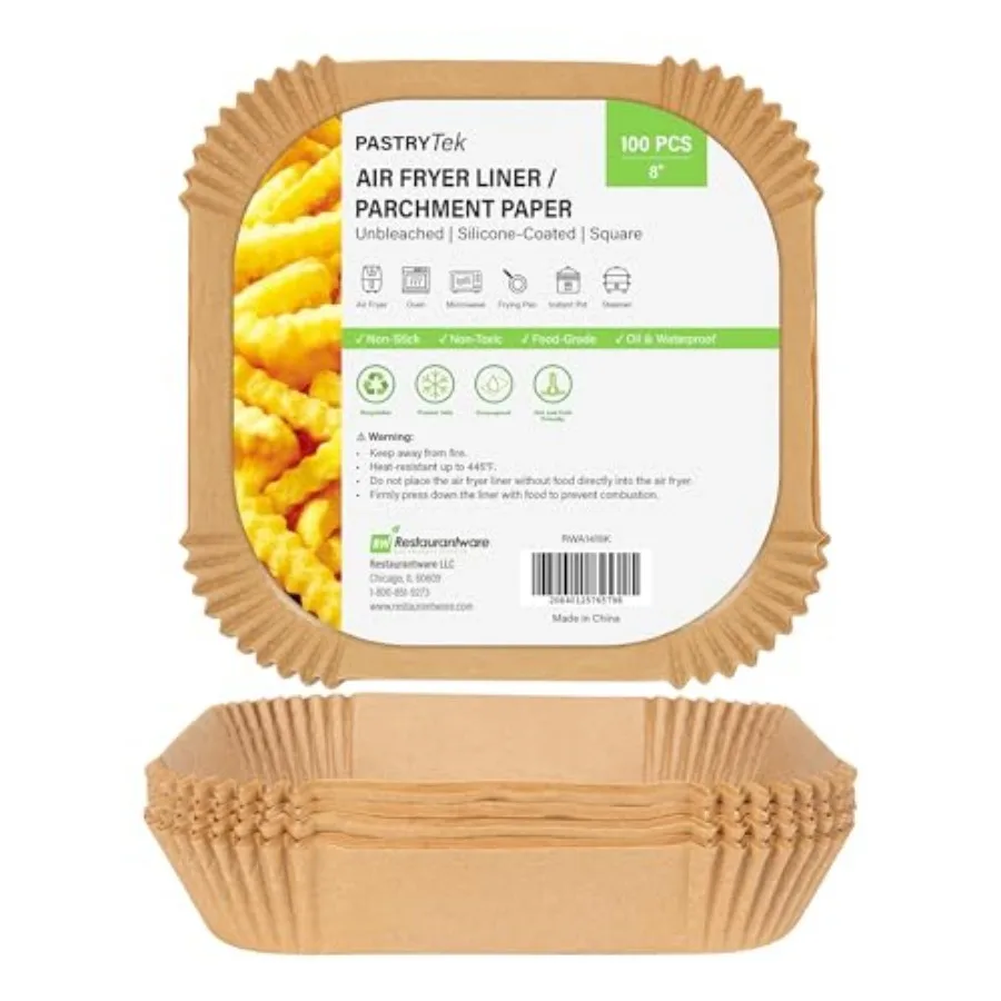Pastry Tek 8.1 x 8.1 x 1.8 Inch Air Fryer Liners, 100 Air Fryer Baskets - No-Stick Silicone Coating, Unbleached, Food-Grade Pap