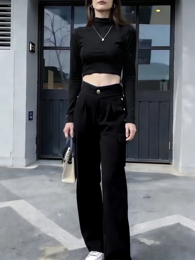 

High Waist Fce Lined Thiened American Workwear Multi ket Retro Bla Casual Loose Wide Leg Pants Slimming Effect