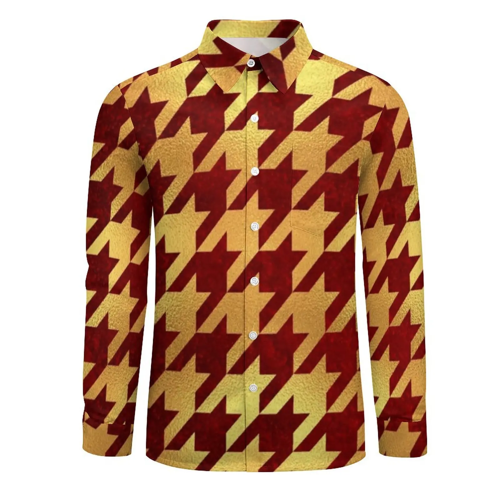 Men's Shirt Red Gold Houndstooth Casual Shirts Long Sleeve Retro Print Harajuku Blouse Autumn Novelty Graphic Oversized Clothing