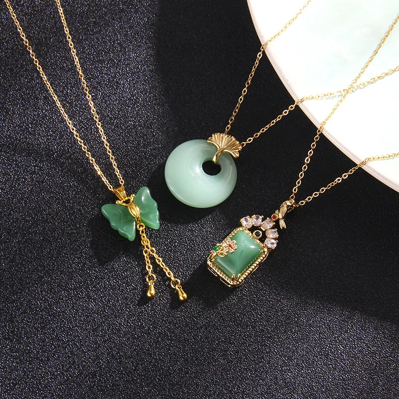 Green Buddha Hetian Jade Pendant Necklace Lucky Four Leaf Clover Butterfly Shape Fashion Jewelry Gifts