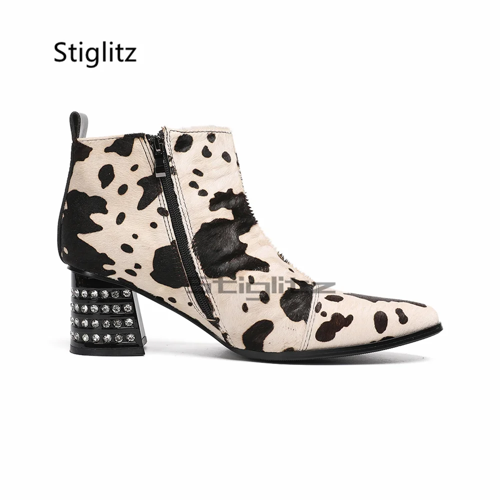 Men Cow Print Pony Hair Ankle Boots Pointed Toe Side Zip Chelsea Boots Rhinestone Decor Block Heels Party Dress Shoes Plus Size